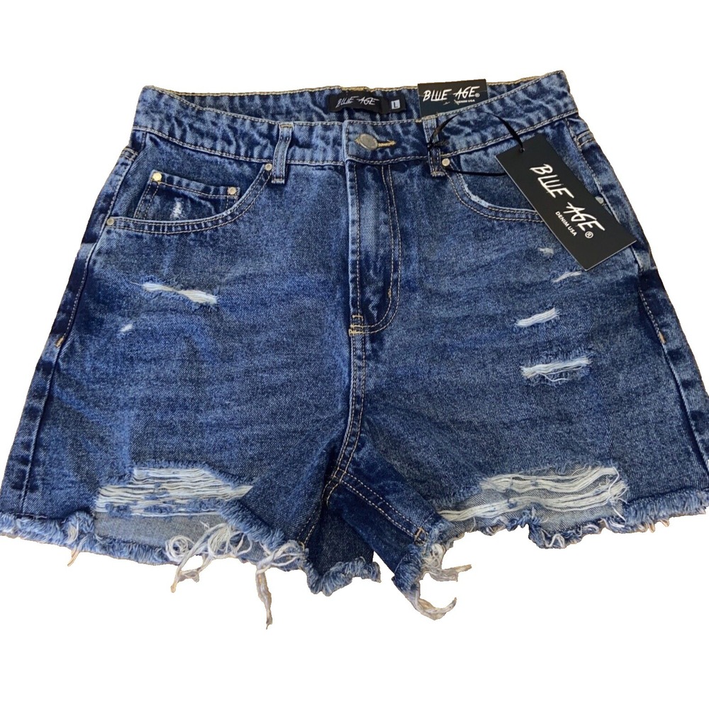 Blue Age women's Denim Shorts Large Cut Off Distressed Blue